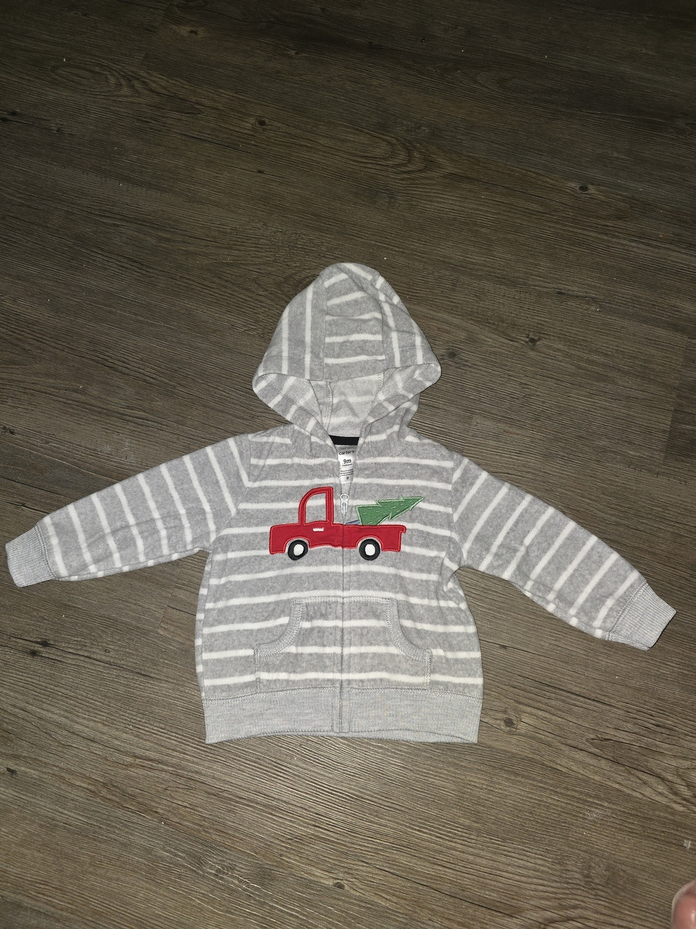 Carter's Gray & White Striped Hoodie with Red Truck Applique